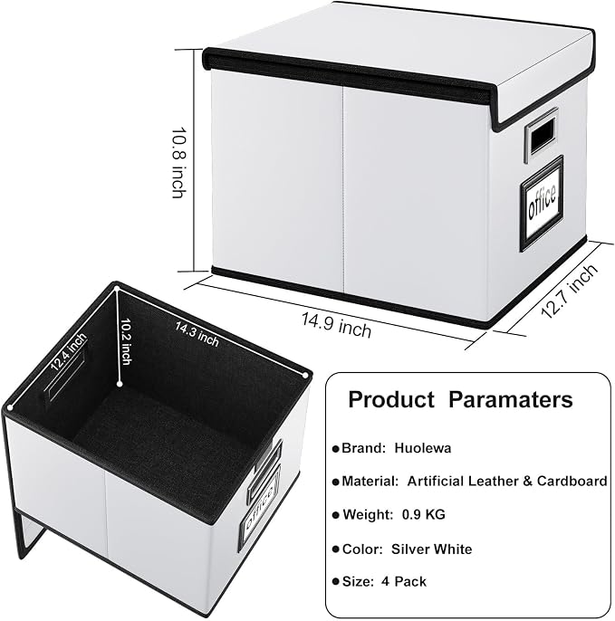 Portable Leather File Organizer Boxes with Lids, Office Document Boxes Organizer, Filing Boxes, Decorative Small File Boxes for Hanging Files, File Cabinet for Office/Home - 4 Pack