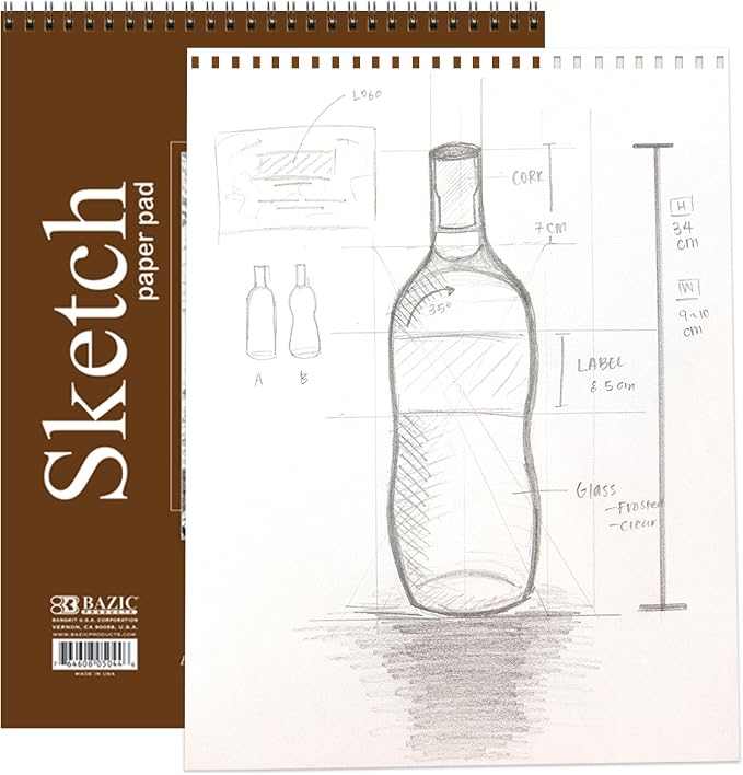 BAZIC Products Spiral Sketch Pad, Top Bound, 9 x 12 in, 30 Sheets | 30-sheet spiral sketch pad, smooth drawing paper for sketching, shading