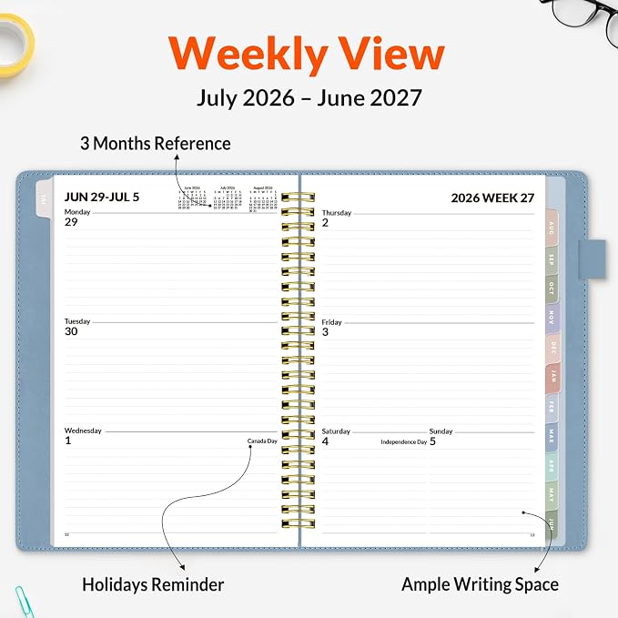 SUNEE 2026-2027 Weekly & Monthly Planner 6.4"x8.5" - 12 Month (July 2026 - June 2027), Vegan Leather Cover Planner Academic Year Calendar, Pocket, Notes, Monthly Tab, Blue