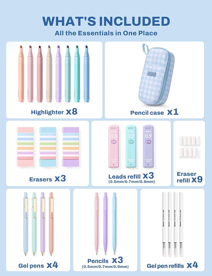 SUNEE 35PCS Aesthetic Stationery Set with Cute Pencil Case, Pastel Highlighters, Black Gel Pens, Mechanical Pencils & Refills, College School Supplies for Students Girls Blue Checkered