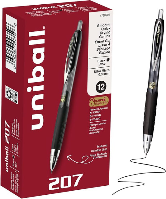 uniball™ 207 Gel Pens, Black Ink, 0.38mm Ultra Micro Point, Retractable, 12 Count, Smooth Writing, Fraud-Resistant, uni Super Ink™