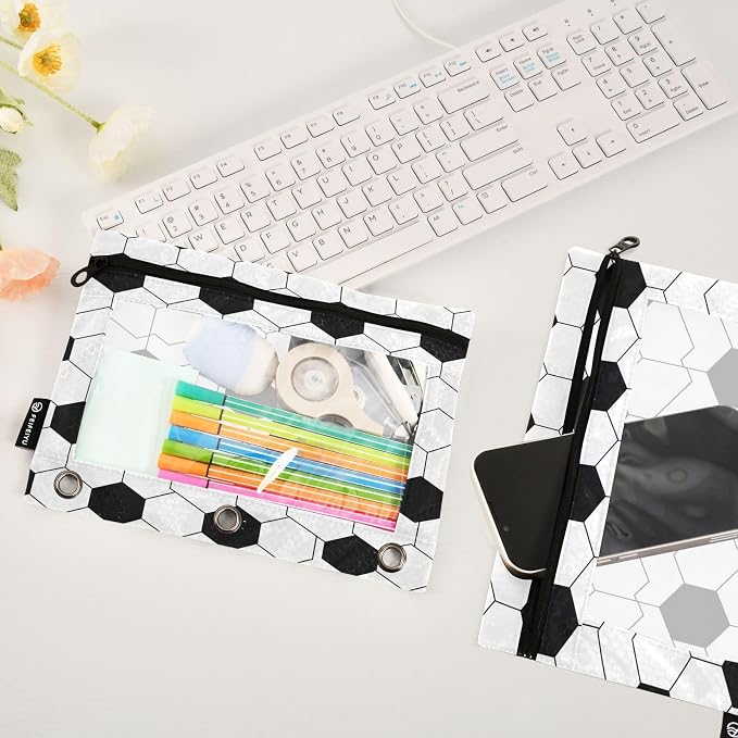 Gredecor 3 Ring Binder Pencil Pouch, Classic Soccer Ball Zippered Pen Case Pouches with Clear Window, 2 Pack Stylish Office & School Supplie