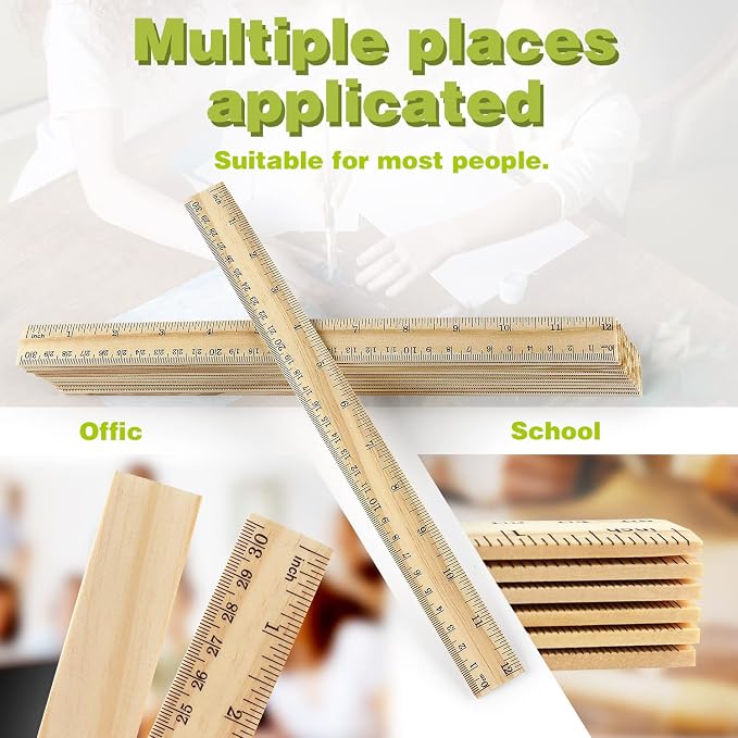 ZZTX 3 Pack Wooden Ruler 12 Inch（30 cm) | 2-in-1 scale design, Durable material, Double level design