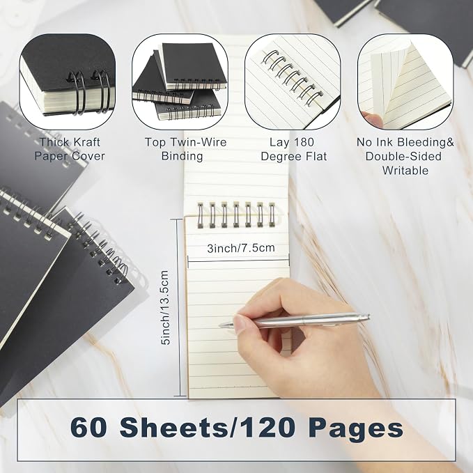 Tenceur 150 Pcs Pocket Notebook Small 3x5 Inch Black Spiral Notepads Mini Top Bound Notebook with Lined 120 Pages Ruled Memo Pads for Office College Nurse Essentials Back to School Gift