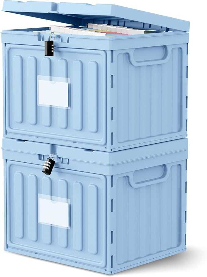 Oterri Lockable Plastic File Box with Lid for Letter-Size | Hanging File Folders Not Included. Blue, Large 2-Pack. Home, Office, Classroom, Dorm, Tax, Under Bed, Filing Cabinet.