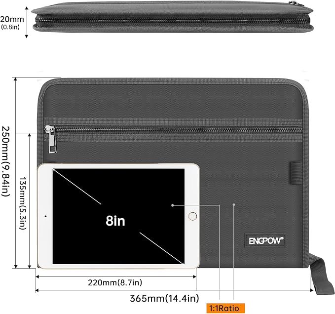 ENGPOW Expanding File Folder,Fireproof 13 Pockets Document Organizer Bag | Accordion File Organizer with Zipper＆Labels,Portable Home Travel Safe Storage for Important Files,Papers,Letter Size,Gray