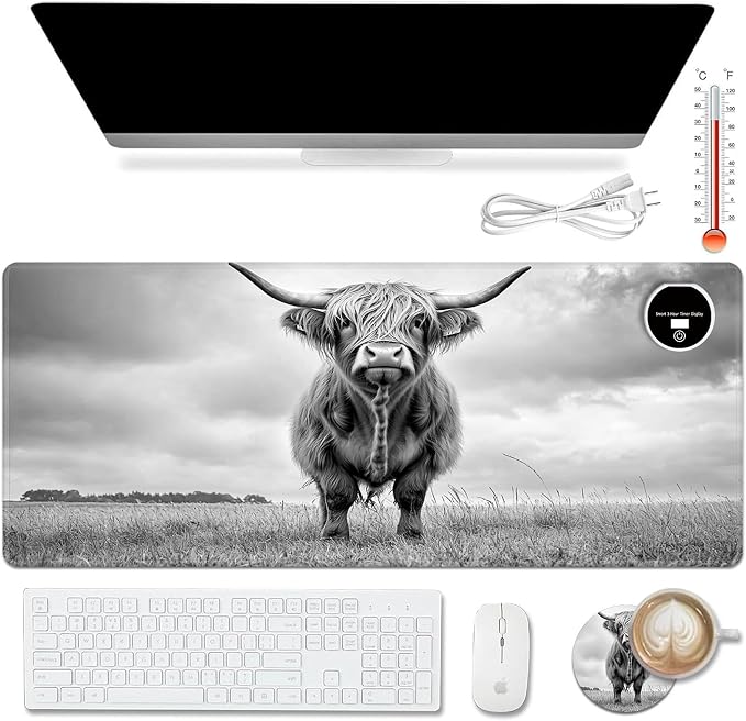 Warm Desk Pad,Heated Desk Pad,Office Mat,3 Heating Levels & 3 Hours Auto Shut-Off,31.5"*13" Gaming Mouse Laptop Keyboard Leather Desk Mat,Cute Highland Cow Black