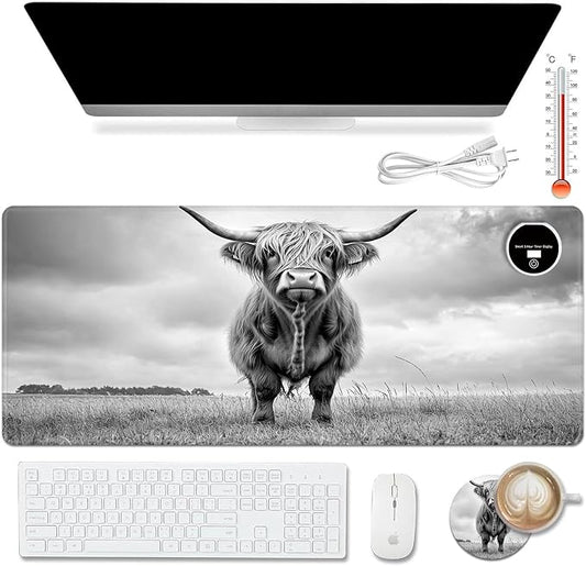 Warm Desk Pad,Heated Desk Pad,Office Mat,3 Heating Levels & 3 Hours Auto Shut-Off,31.5"*13" Gaming Mouse Laptop Keyboard Leather Desk Mat,Cute Highland Cow Black
