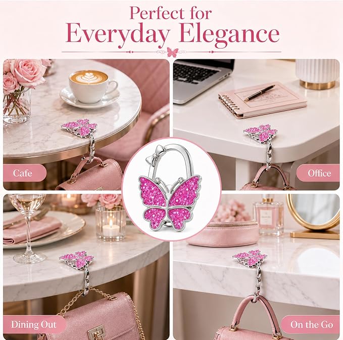 Purse Hook for Table, Foldable Handbag Hanger for Women, Portable Bag Holder with Non-Slip Base, Cute Sequin Purple Butterfly Purse Table Hook for Restaurant Office Travel Gift