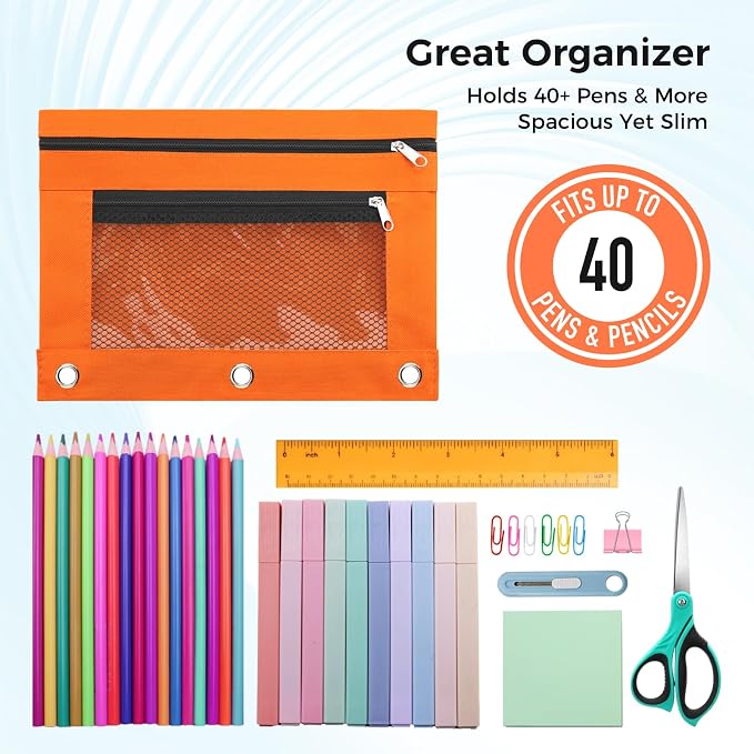 Pencil Pouch for 3 Ring Binder, Pencil Case Bag with Zipper, 600D Fabric Pencil Pouch Holder Accessories, Clear Window Pencil Case Aesthetic Back to School Organizer Pockets for Boy Girl (Orange)