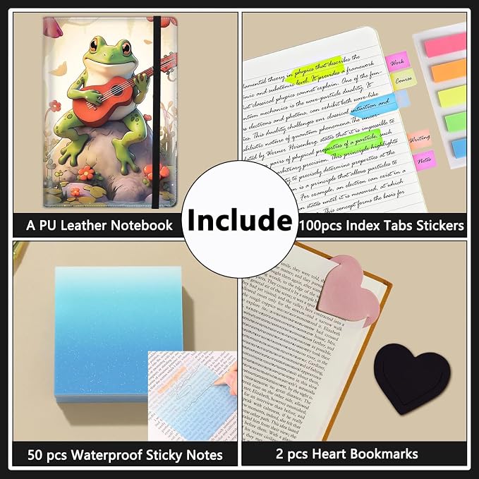 A5 Leather Lined Journal Notebook, 200 Pages Hardcover Executive Notebook for Men Women Office School Note Taking, Thick Writing Paper Daily Journal with Bookmarks/Indexes, Frog Playing Guitar