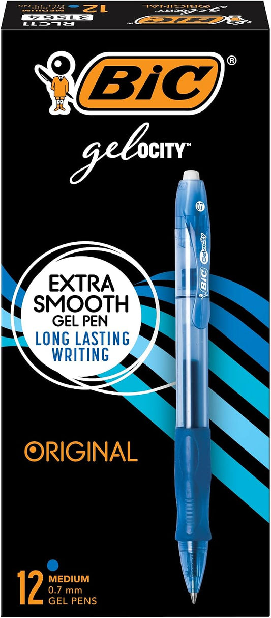 BIC Gelocity Original Blue Gel Pens, Medium Point (0.7mm), 12-Count Pack, Retractable Gel Pens With Comfortable Grip