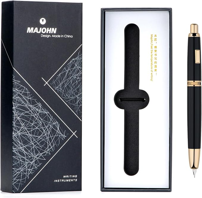 Majohn A1 Press Fountain Pen Fine Nib with Converter, Retractable Black Golden Writing Set (No Clip Version)
