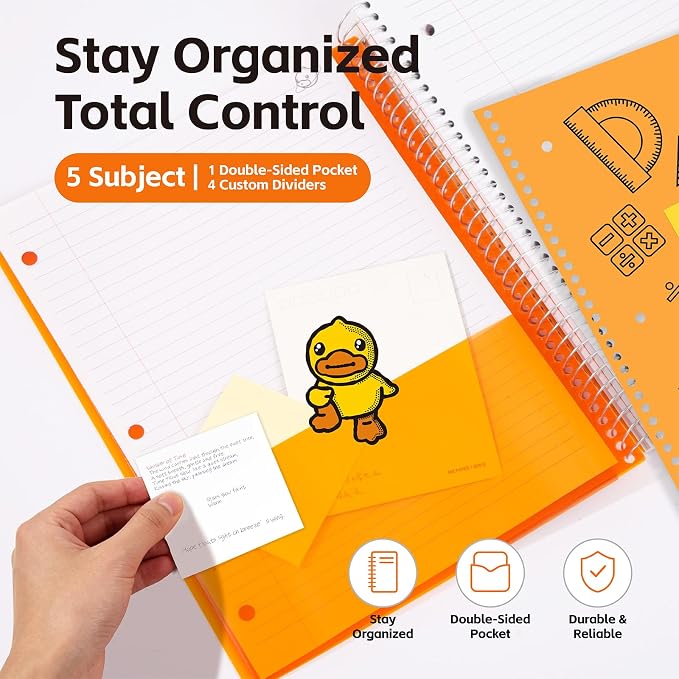 Comix Plastic Cover 5 Subject Notebook with 5 Divider, 200 Sheets 8-1/2" x 11" College Ruled Notebook for Office/School/Home, Orange