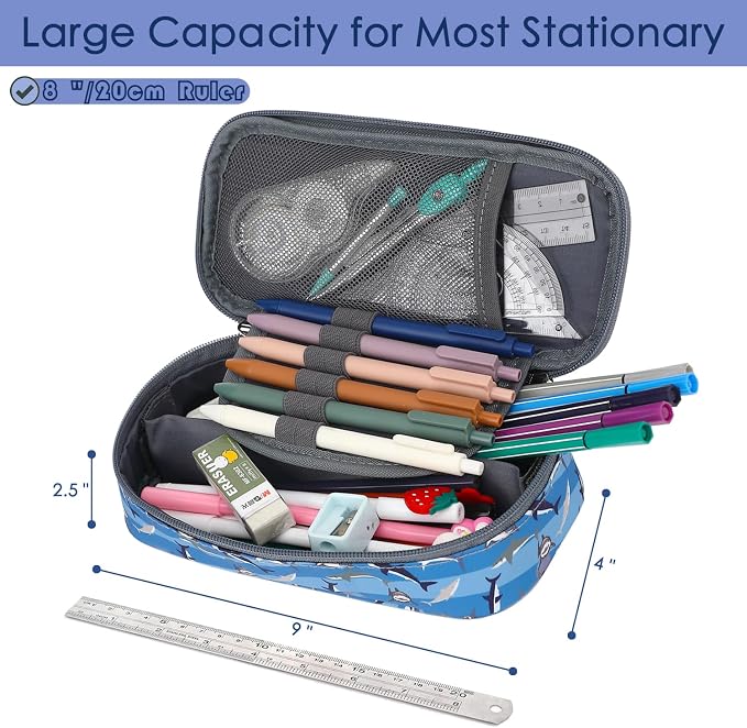 FlowFly Large Capacity Pencil Case for Kids, Boys & Girls – Zippered Multi-Functional Pen Pouch, Soft & Portable Pencil Bag for School, Teens, Students, Shark