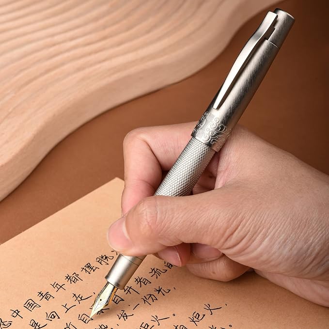 6013 Silver General Fountain Pen, Iridium Gold-silver Extra Fine Nib Solid Metal Writing Pen with Metal Case by Hongdian
