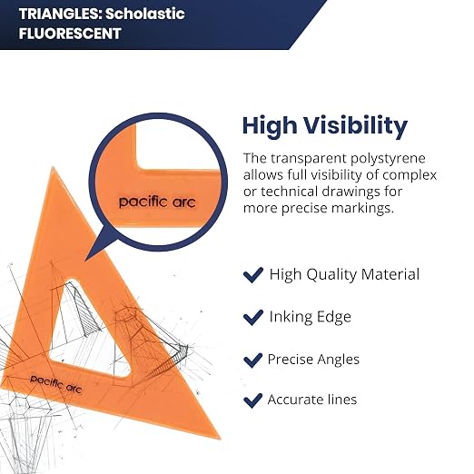 Pacific Arc's Scholastic Triangle - 4 inch - Fluorescent - 45/90 Angle - Polystyrene - Inking Edge - Technical Drawing Tools, Drafting, Architect and Engineering.
