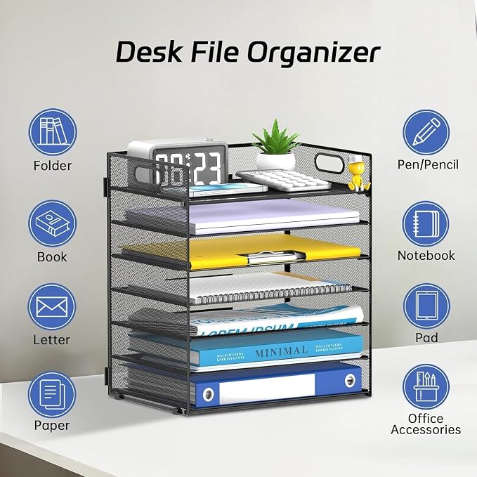 7 Tier Paper Organizer for Desk with Mesh Letter Trays and Handle 2 Pack | 2 Pack Desk File Organizer with Handle for Sorting Papers, Files, Folders, Mail, Bills and Office Supplies