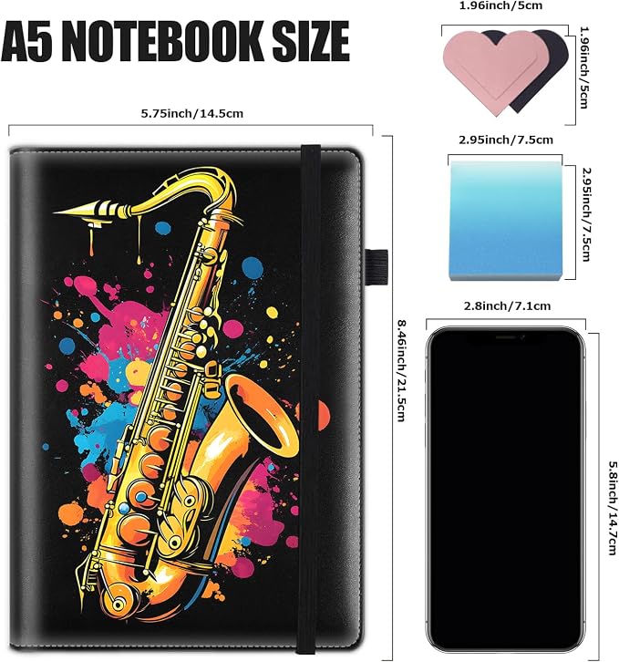 Hardcover Executive Notebooks, A5 PU Leather Lined Journal Notebook, 200 Pages Thick Paper Subject Notebooks for School,Work,Home Writing Business Notebook, Diary Book ，Saxophone Colorful