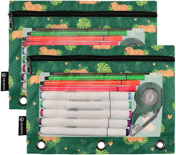 Emelivor Capybara Dark Green Pencil Pouch for 3 Ring Binder 2 Pcs Pockets Pencil Pouches Bag with Clear Pencil Case Cosmetic Bag for Storing College Office Supplies