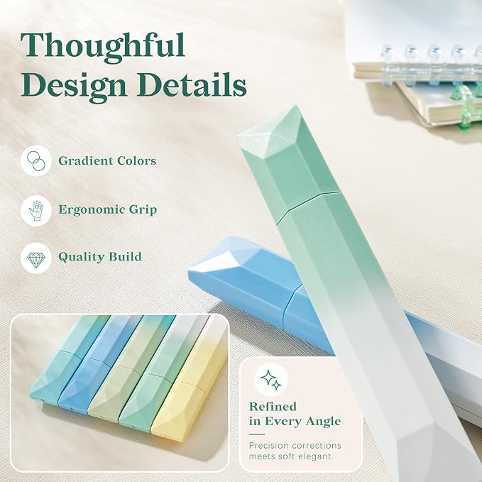 Temiary 5 Pcs White Correction Tapes, Aesthetic White Smooth Pull Out Tape Pens for Instant Corrections, Easy to Use Tear-Resistant Pen Shaped Applicator for Office School Supplies (Gradient Green)