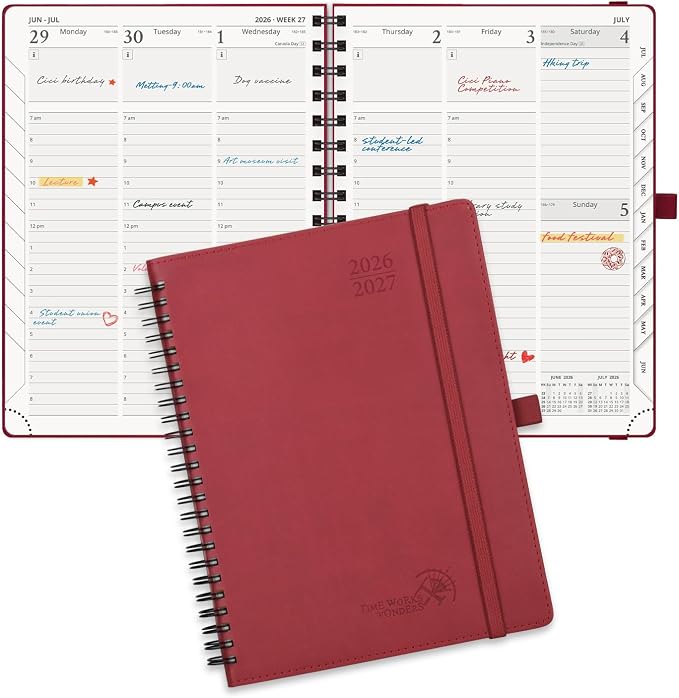 POPRUN Planner 2026-2027 (Medium - 6.5'' x 8.5'') Academic Weekly Planner | Calendar(July 2026-June 2027) Appointment Book with Hourly Time Slots, Monthly Tabs, 100GSM, Spiral Leather Cover - Burgundy