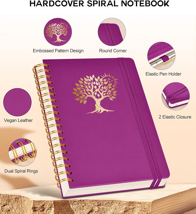 PERCUN Spiral Notebook 300 Numbered Lined Pages Hardcover Journal 5.9"x8.5" | College Ruled Spiral Bound Notebook with Tabs, A5 Leather Journal for Women Men, Work, School, Travel, Writing & Note Taking