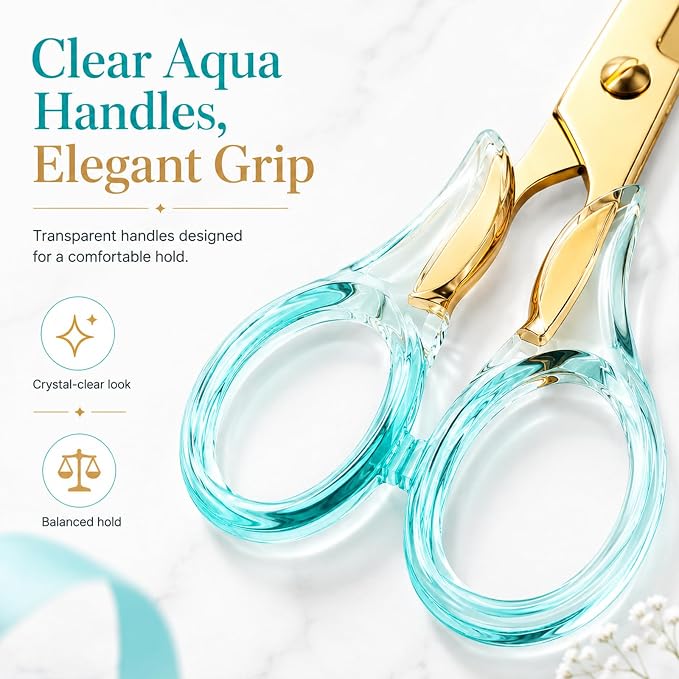 Aesthetic Blue Transparent Acrylic Scissors, 6.3" Craft Shears with Gold Sharp Stainless Steel Blades for Home Office & School, Cute Stationery Tools for Scrapbooking & Gift Wrapping