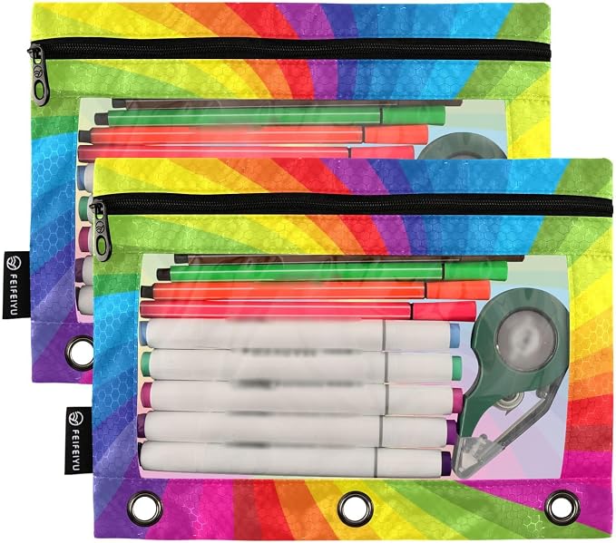 Rainbow Pencil Pouch Fits Standard 3-Ring Binders, Zipper Binder Pencil Bag with Clear Window for Class Office 2 Pack