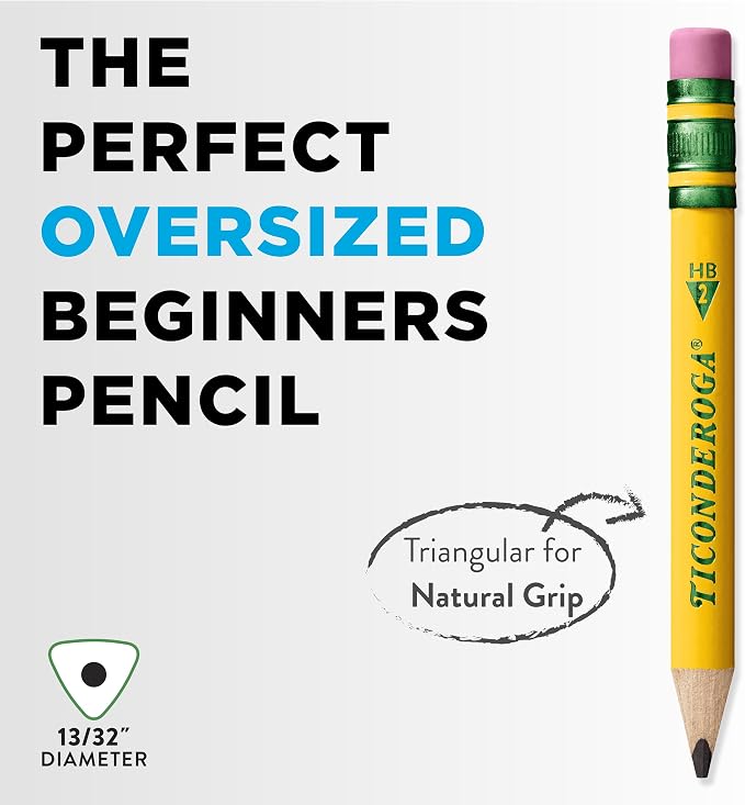 Ticonderoga My First Half-Size Wooden Pencils, 12 Pencils/Pack, 1 Pack | Large Triangle-Barrel Pre-Sharpened #2 (HB) Short 4.5" Yellow Pencils with Erasers, X33012