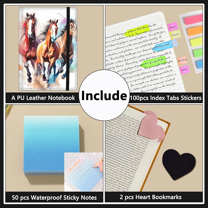 A5 Leather Lined Journal Notebook, 200 Pages Hardcover Executive Notebook for Men Women Office School Note Taking, Thick Writing Paper Daily Journal with Bookmarks/Indexes, Watercolor Horse