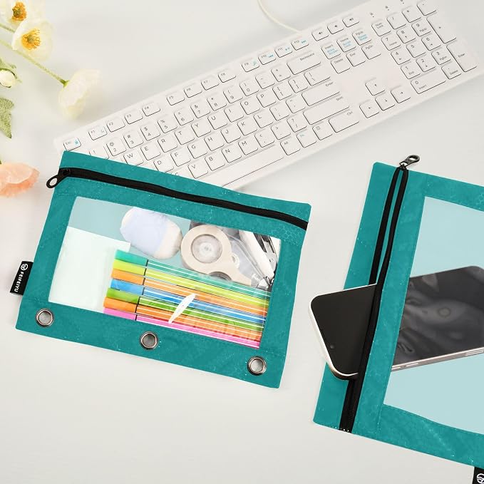 Gredecor Binder Pencil Pouch 3 Ring Dark Cyan Zipper Pencil Pouches Case 2 Pack Clear Binder Organizer for School Office