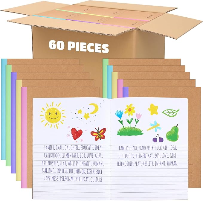 Henoyso 60 Pack Primary Composition Notebook, 9-3/4" x 7-1/2", Kids Primary Journal, K-2 Writing Notebook for Kids Student Draw Write Story Journal Half Blank Books(Colorful Macaron Color)