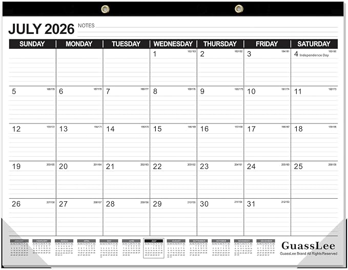 GuassLee Large Desk Calendar 2026-2027,19 Months from Jun. 2026 to Dec. 2027, 22 x 17 Inches Desktop Wall Calendar Hanging Planner with Julian Date, Notes, Reinforced Corners for School Home Office