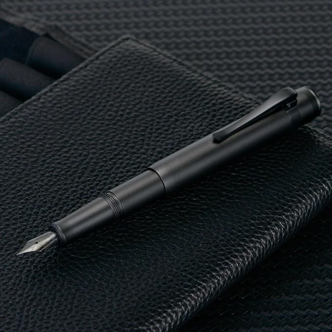HONG DIAN M2 Black Forest Mini Fountain Pen, Medium Soft Nib & Sleek Shape Aluminium Short Pocket Travel Pen (Matte Black)