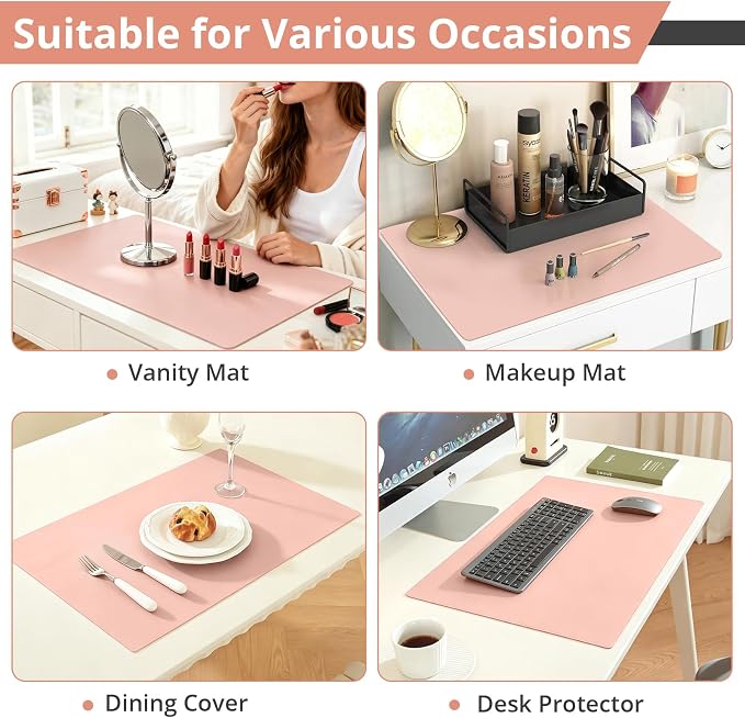LovePads Makeup Mat for Vanity, 17 x 28 Dual-Sided Desk Pad & Vanity Cover Top, Waterproof PVC Protector Mat for Dresser, Nail Art, Craft Table (Pink+Silver)