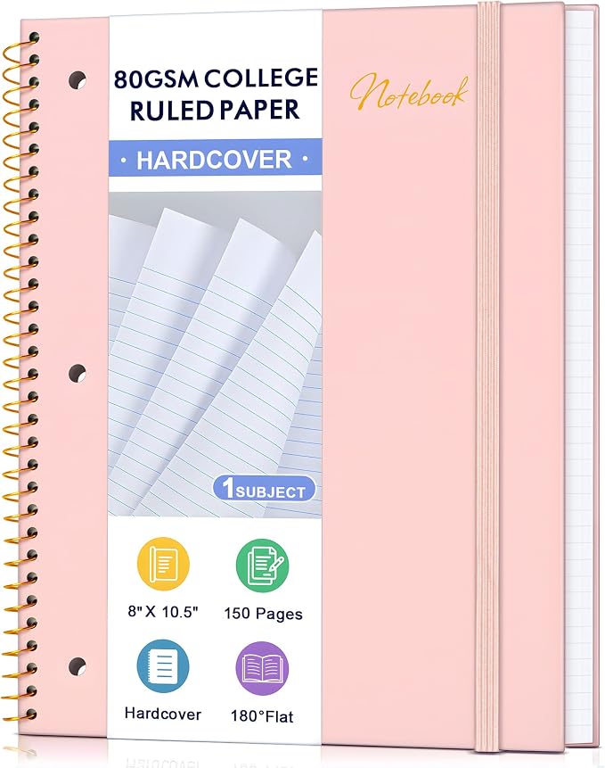 Spiral Notebook College Ruled Paper 8" x 10-1/2", 1 Subject Spiral Notebook 80GSM Paper, 3-Hole Punched Perforated Pages Ideal for School, Office, Writing, 75 Sheets Lined Journaling Notebook, Pink