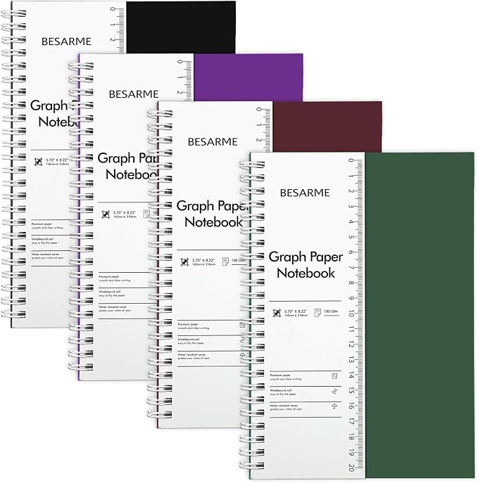 BESARME 4 Pack A5 Graph Paper Notebooks, 5.7 x 8.22 in, 100 GSM | Grid paper notebooks, 160 pages, waterproof plastic cover, twin-wire spiral, 5x5 mm grid, lays flat for school work sketching