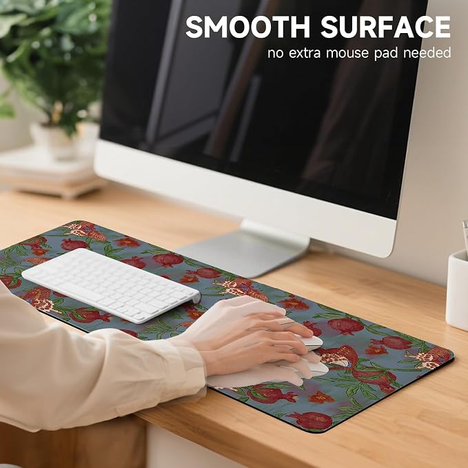 Botanical Floral Desk Pad Blotter,Large Mouse Pad 35 x 17in,PU Leather Desk Mat Writing Pad Protector, Non-Slip Waterprrof,Desktop Decor for Home Office Women Girls (Pomegranate Flower Butterfly)