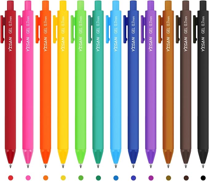 YISAN Colored Gel Pens,12 Colors,0.7mm Fine Point,Fast Dry,No Bleed | Journal Pens,Smooth Writing,Retractable,71044