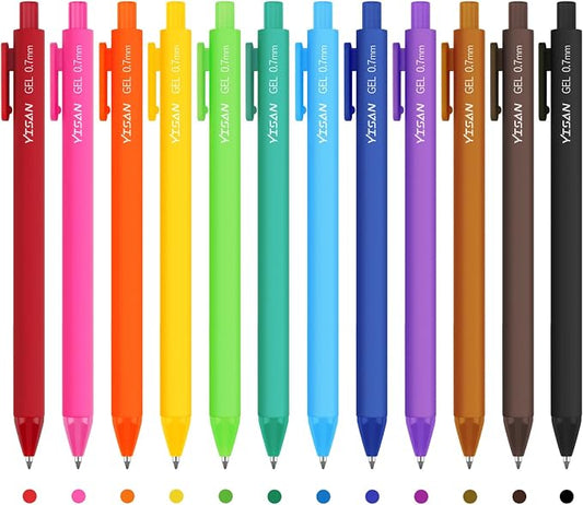 YISAN Colored Gel Pens,12 Colors,0.7mm Fine Point,Fast Dry,No Bleed | Journal Pens,Smooth Writing,Retractable,71044