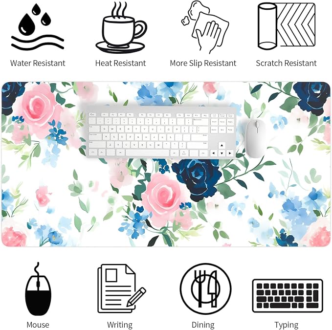 Bloss Pink+Blue Flower Desk Mat, Leather Desk Pad, Desk Matt for Desktop, Waterproof Desk Pad Mat, Computer Mat for Office Work/Home-31.5 x 15.7 Inches