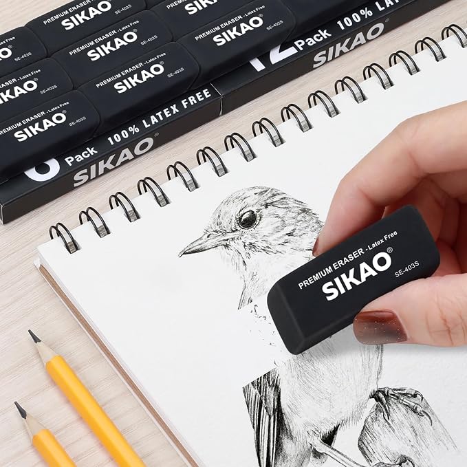 Black Erasers, 6 Pack Block Pencil Erasers | Latex-Free & Smudge-Free Beveled Rubber Erasers for School Supplies, Classroom, Office & Homework