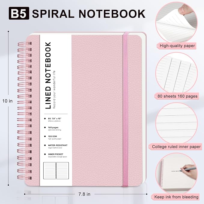 ABERLLS Lined Spiral Journal Notebook with 160 Pages, 7.8×10in, B5 Spiral Notebook, Journaling Notebooks for Work, School, Women, Men, College Ruled Spiral Notebook, Hardcover Leather Journals, Pink