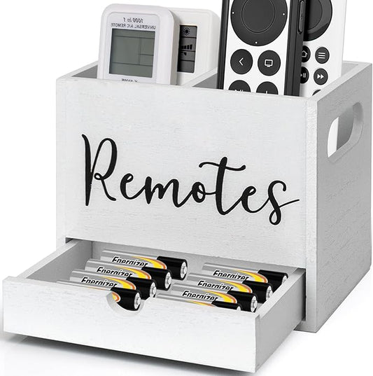 Remote Control Holder, 2 Slot TV Remote Holder& Desk Organizer with Drawers, Remote Organizer Caddy for Table, Wooden Remote Box for Nightstand,Media Storage Box for Living Room, Bed (White)