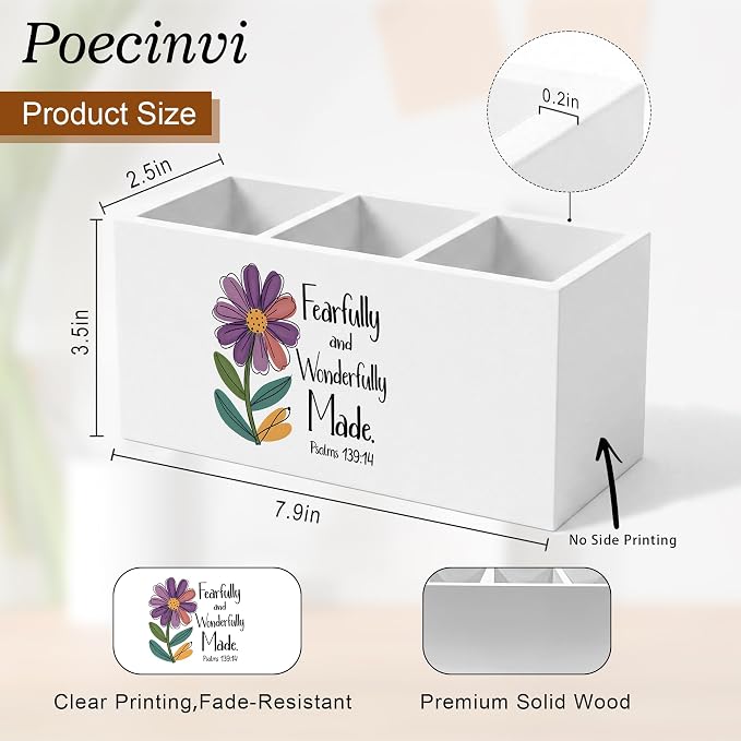 Boho Floral Inspirational Christian Pen Holder for Home Office Desk, Fearfully and Wonderfully Made Bible Verse Wooden Box Sign Pencil Holder for Desk Shelf Organizer