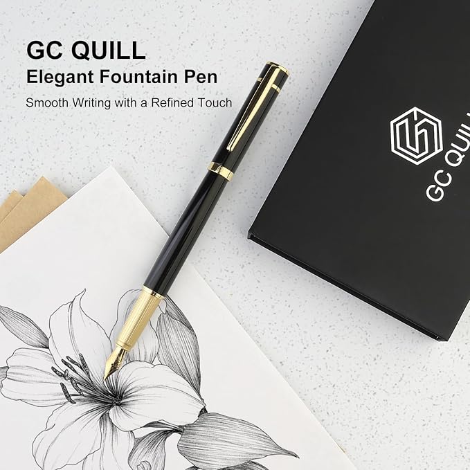 Fountain Pen Set, Elegant Executive Fine Nib Pen with Ink Converter, Refill Tool, Black & Assorted Cartridges, Bottled Ink, Gift for Journaling, Writing, Office and Beginners (Black & Gold)