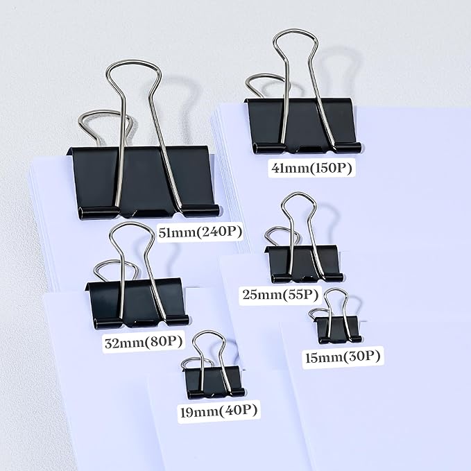 Temiary 188 Pcs Binder Clips with Container, Assorted 6 Sizes Clamps, Black | 0.6 & 0.75 & 0.98 & 1.26 & 1.6 & 2 Inch Metal Binder Clip in One Pack, Paperwork Clamp Bulk for Office, Home, School