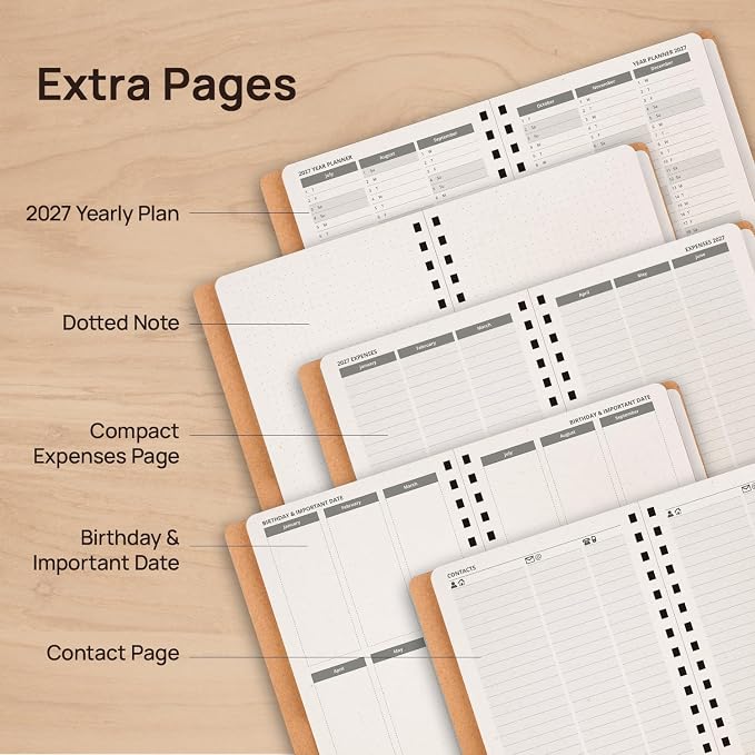 POPRUN 2027 Daily Planner One Page Per Day, Recycled Paper Planner with 5.75" x 8.5", Calendar Book with Italian Regenrated Leather Hard Cover, Hourly Time Slots, Spiral Bound, Monthly Tabs - Desert Brown