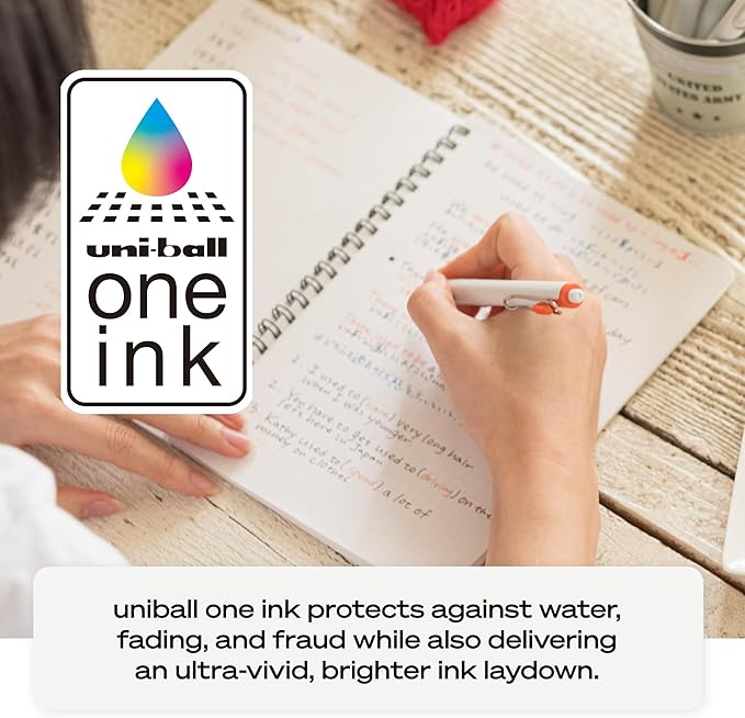 uniball™ one Gel Pens, Medium Point (0.7mm), Assorted Ink, 8 Pack | Ink stays on top of paper fibers for crisp vivid lines, wire pocket clip, color indicator top, smooth barrel & rubber grip